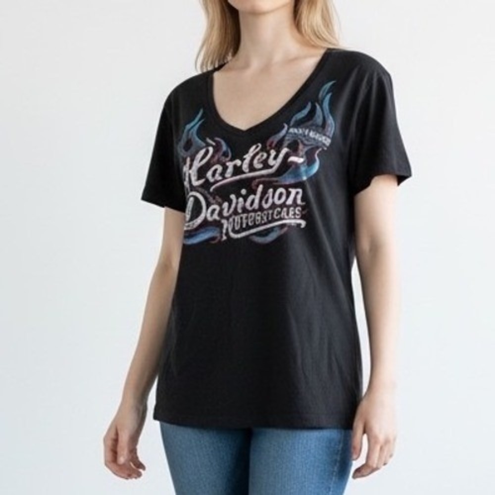 HARLEY-DAVIDSON ‎ Nashville Music City V-Neck Graphic Tee Black Women's L